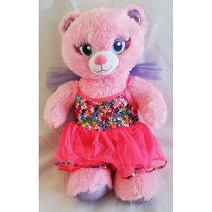 Build a Bear BAB Pink Fairy Bear Purple Wings Plush Bright Pink Sequin Dress